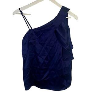 Parker Night Blue Ruffled Silk Charmeuse One Shoulder Top W-099 NEW Sz XS